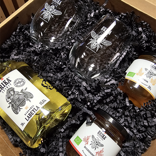 Coffret hydromel + 2 verres 50 cl + 2 pots de miels bio de 250 g : acacia et bourdaine