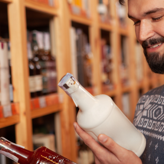 personne qui regarde des bouteilles